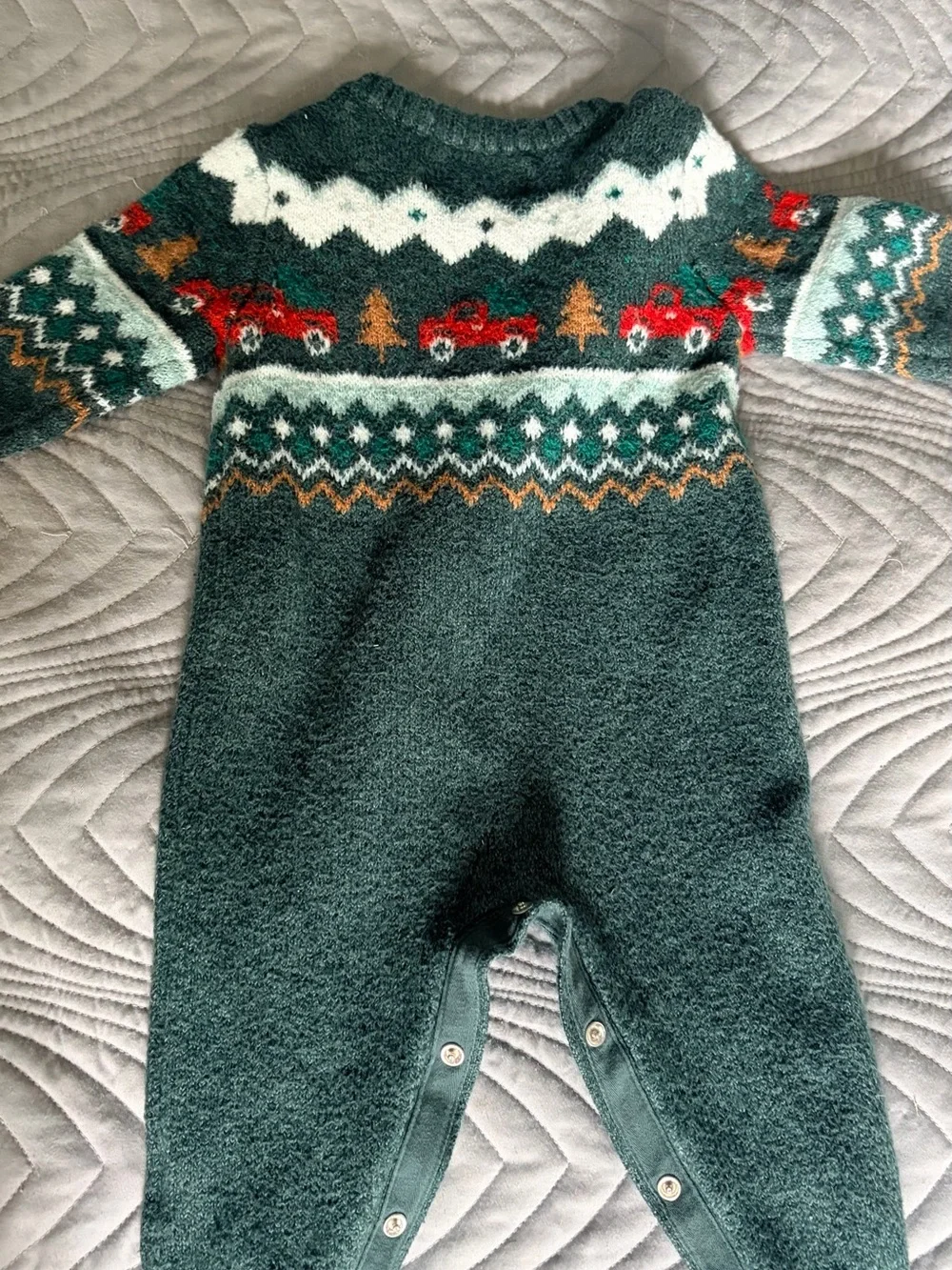 Old Navy Dark Green Knit Holiday Baby One-Piece with Red Truck Accents